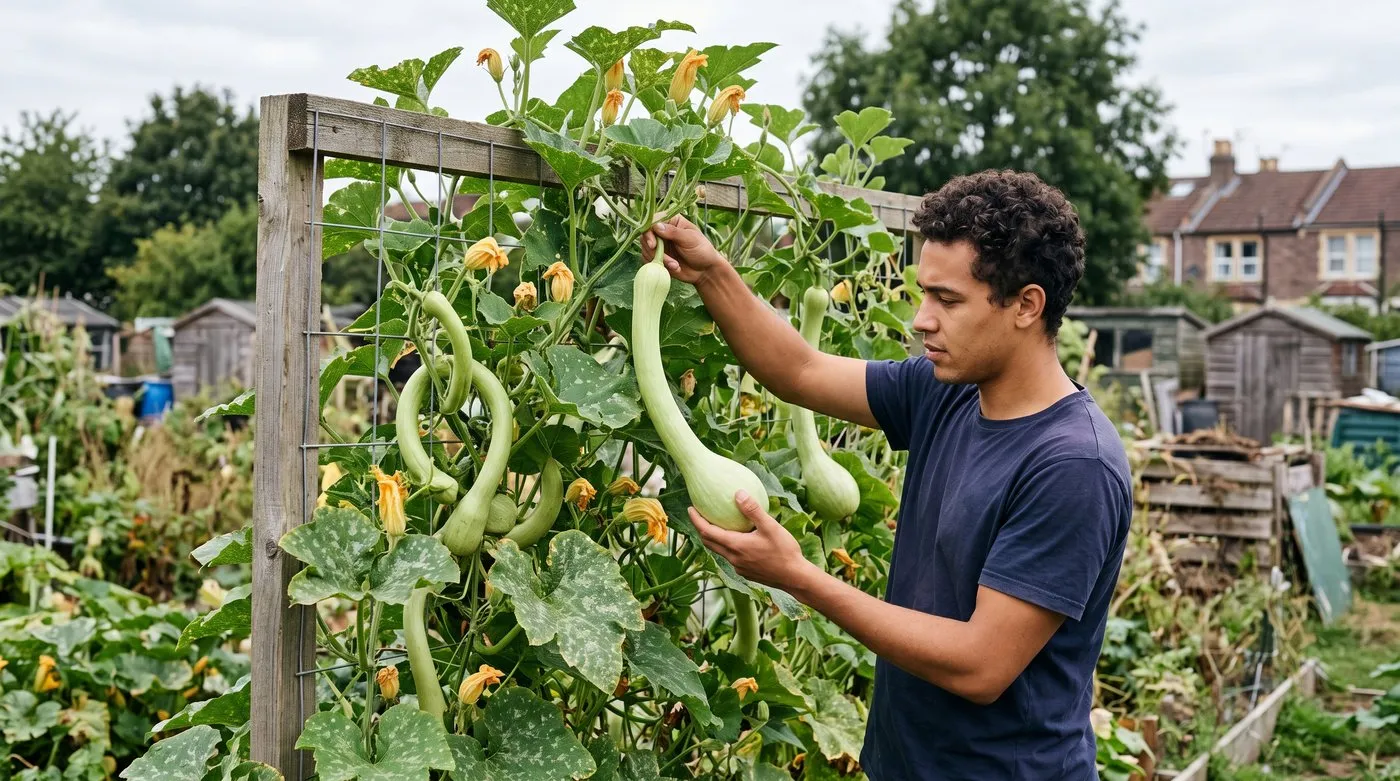 Young man picking a curved tromboncino squash from a vine on an allotment frame