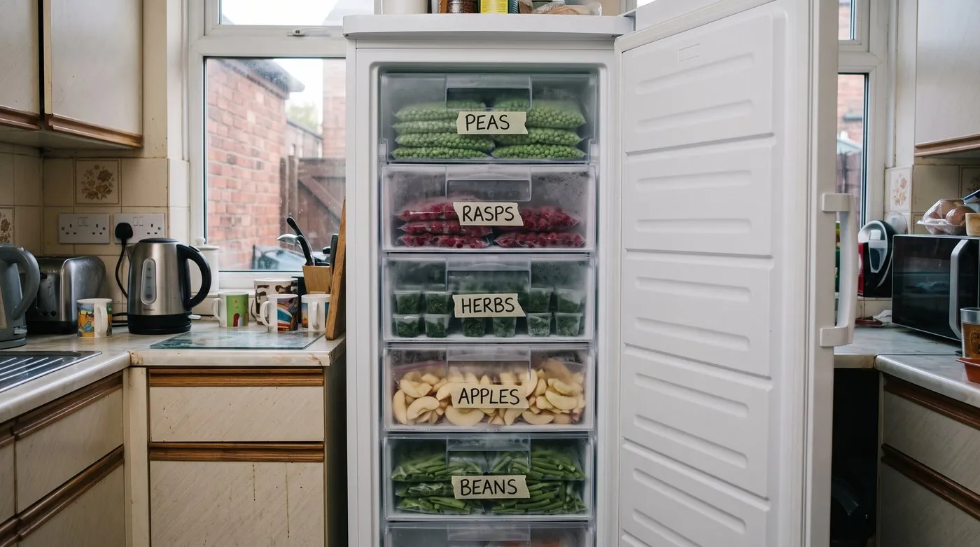 Upright freezer with clear drawers of frozen peas, raspberries, herbs and beans