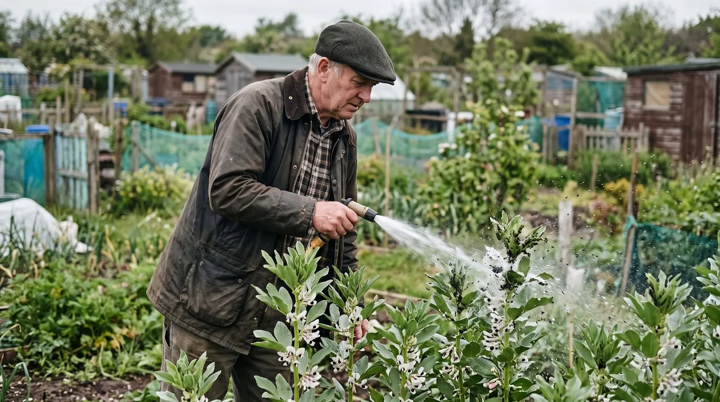 A man on an allotment blasting blackfly off broad bean tips with a jet of water from a hose