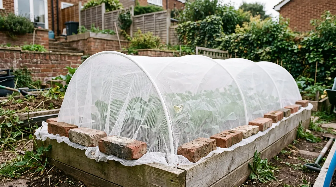 Fine insect mesh stretched over hoops to protect young kale and cabbages in a raised bed