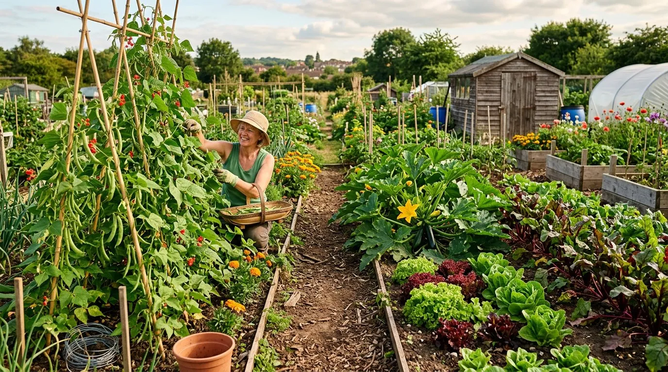 Productive UK vegetable allotment in midsummer with rows of beans and courgettes