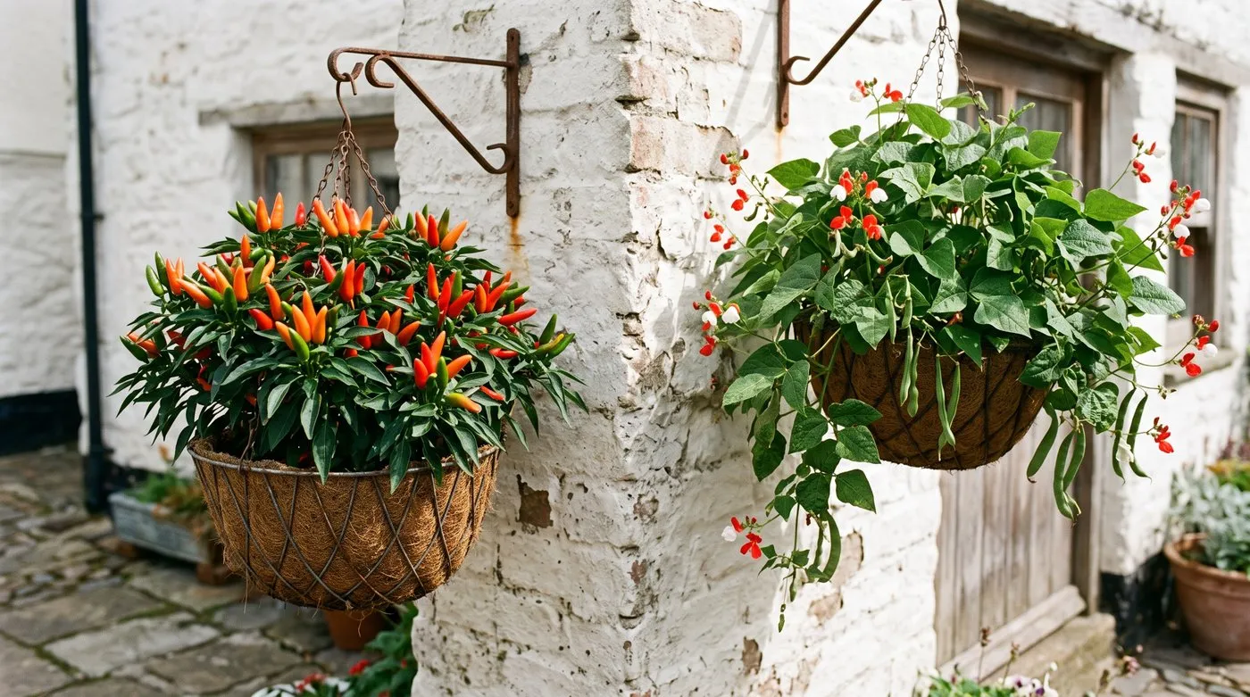 Hanging baskets of a compact chilli with red fruit and a dwarf runner bean with red and white flowers