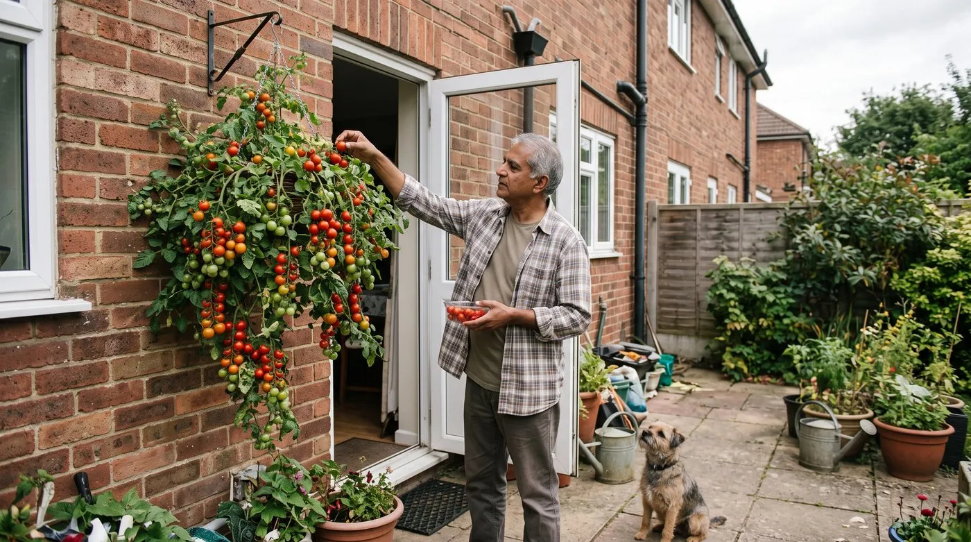 Man picking cherry tomatoes from a hanging basket by a back door while a terrier watches from the patio
