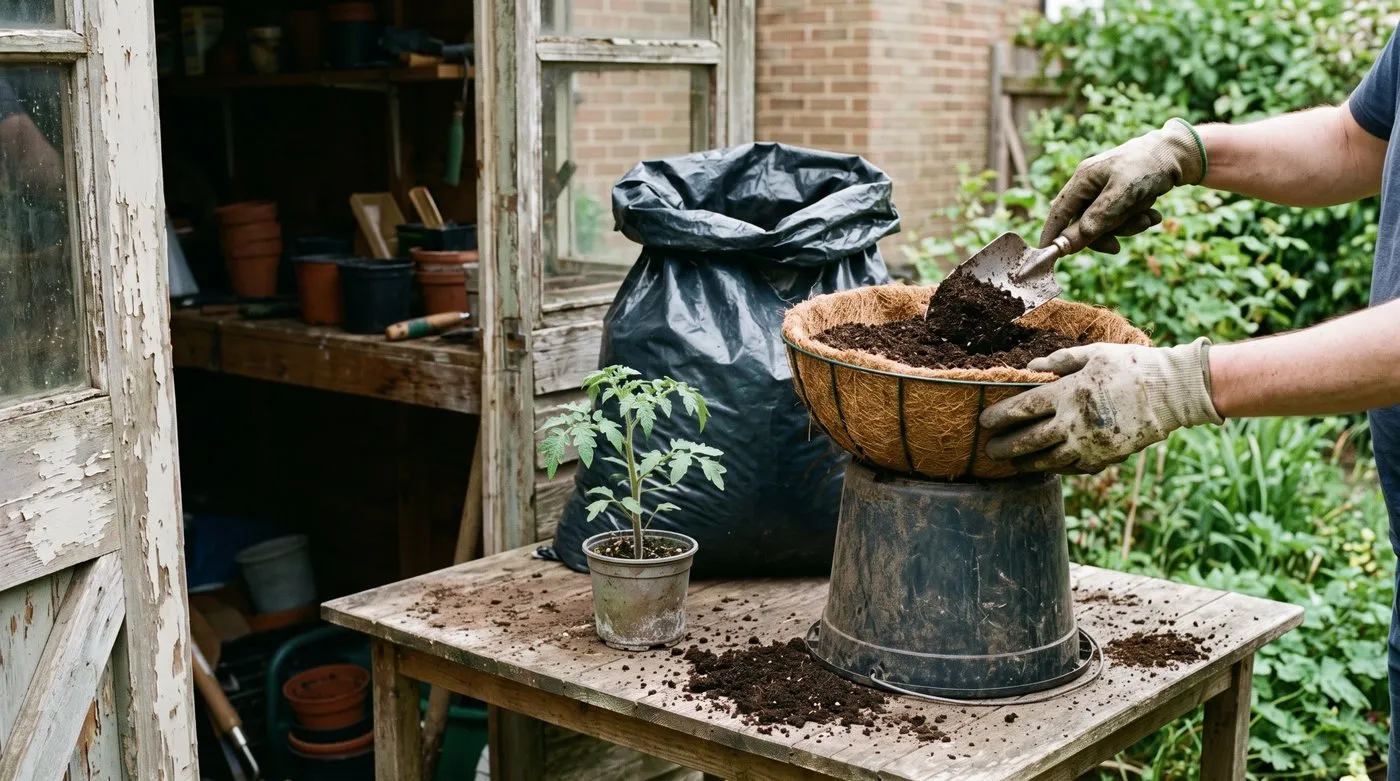 Wire hanging basket with a coir liner being filled with compost, a young tumbling tomato plant waiting beside it