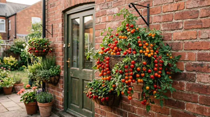 Hanging basket of ripe tumbling tomatoes by a UK back door with herbs and strawberries alongside