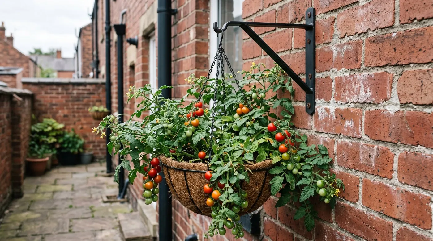 Sturdy wall bracket screwed into brick holding a heavy hanging basket of cherry tomatoes