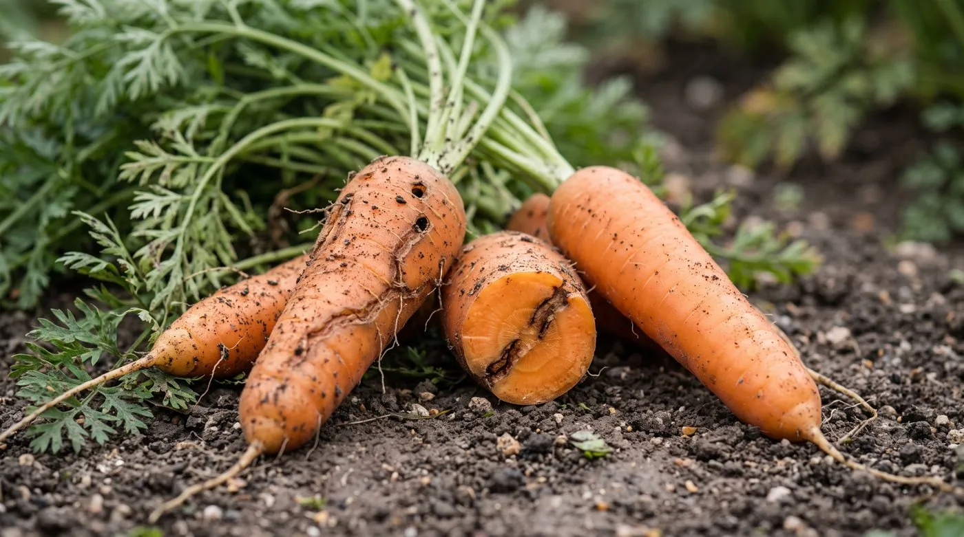 Carrot fly damage on lifted carrots with rusty brown tunnels beside a clean, healthy carrot