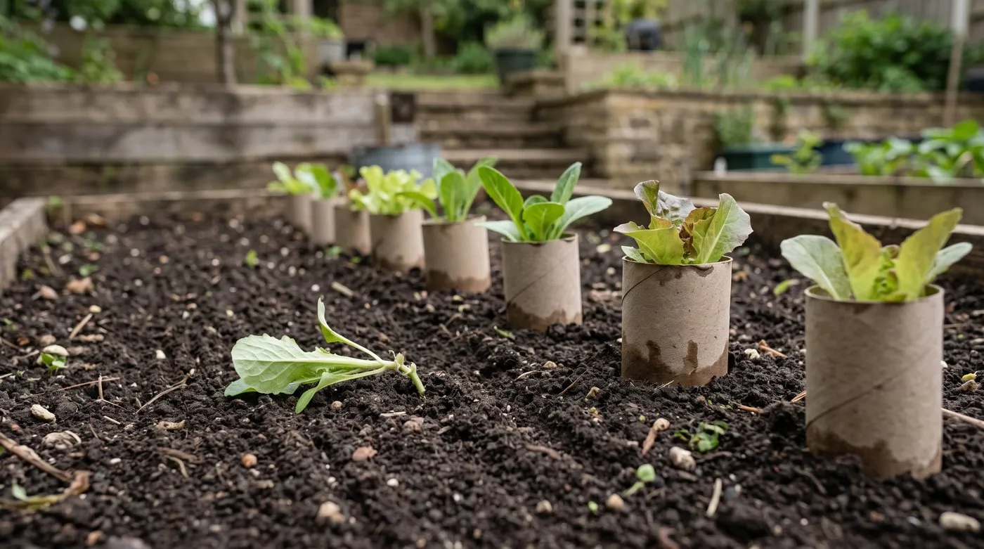 Young vegetable plants with cardboard collars against cutworms beside one seedling chewed off at the base