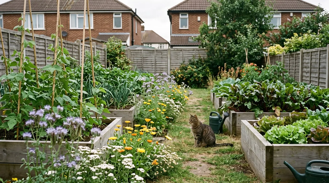 Vegetable beds edged by a flower strip for helpful insects, with a tabby cat on the path
