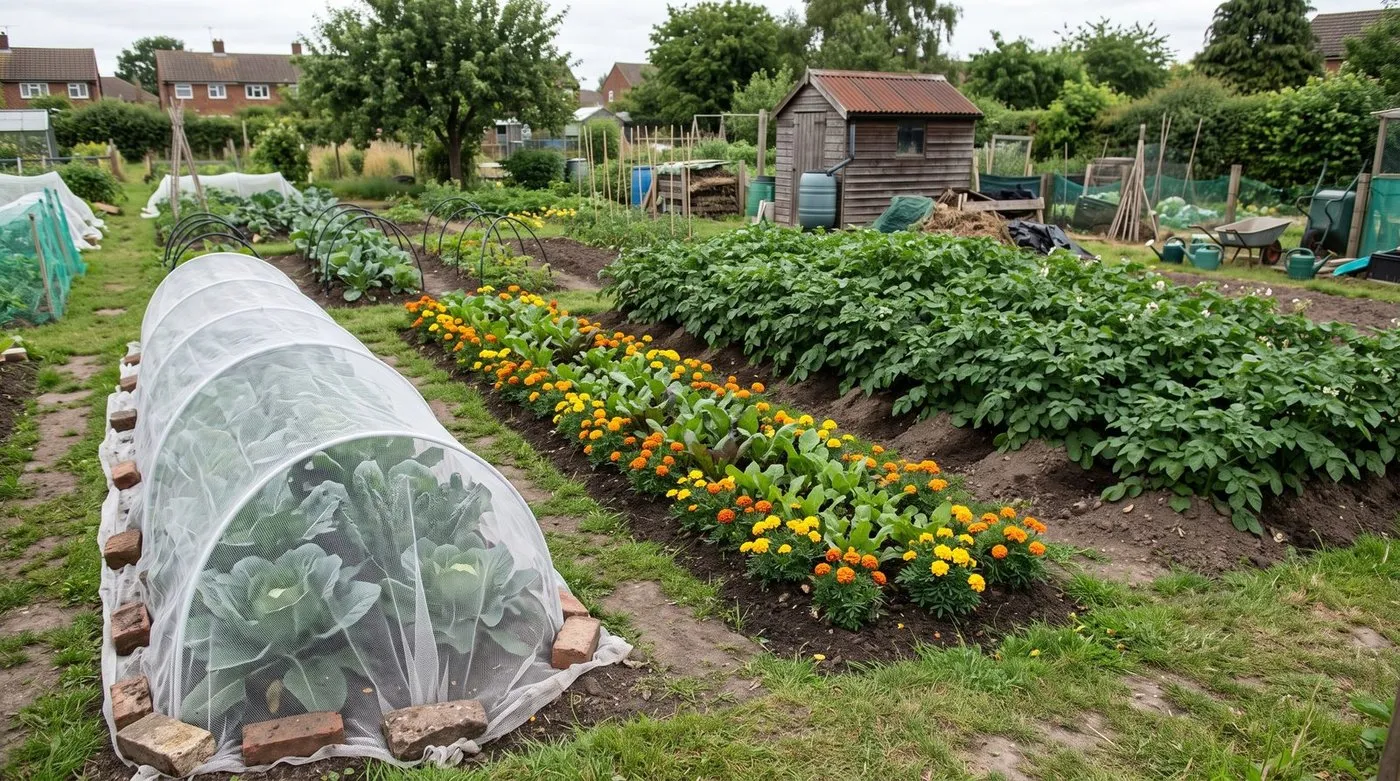 Allotment beds with brassicas under insect mesh and marigolds between the rows
