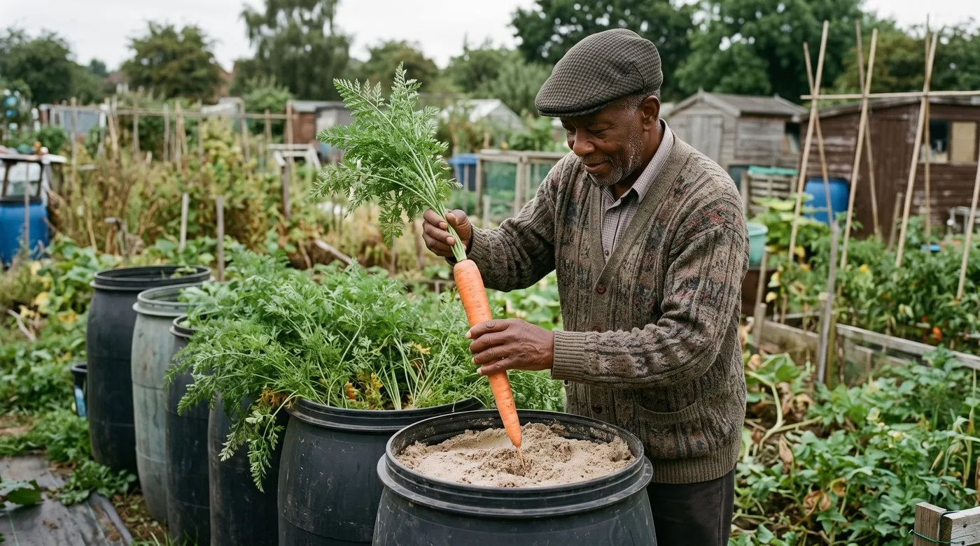 Older man easing a long show carrot out of a sand-filled drum on an allotment