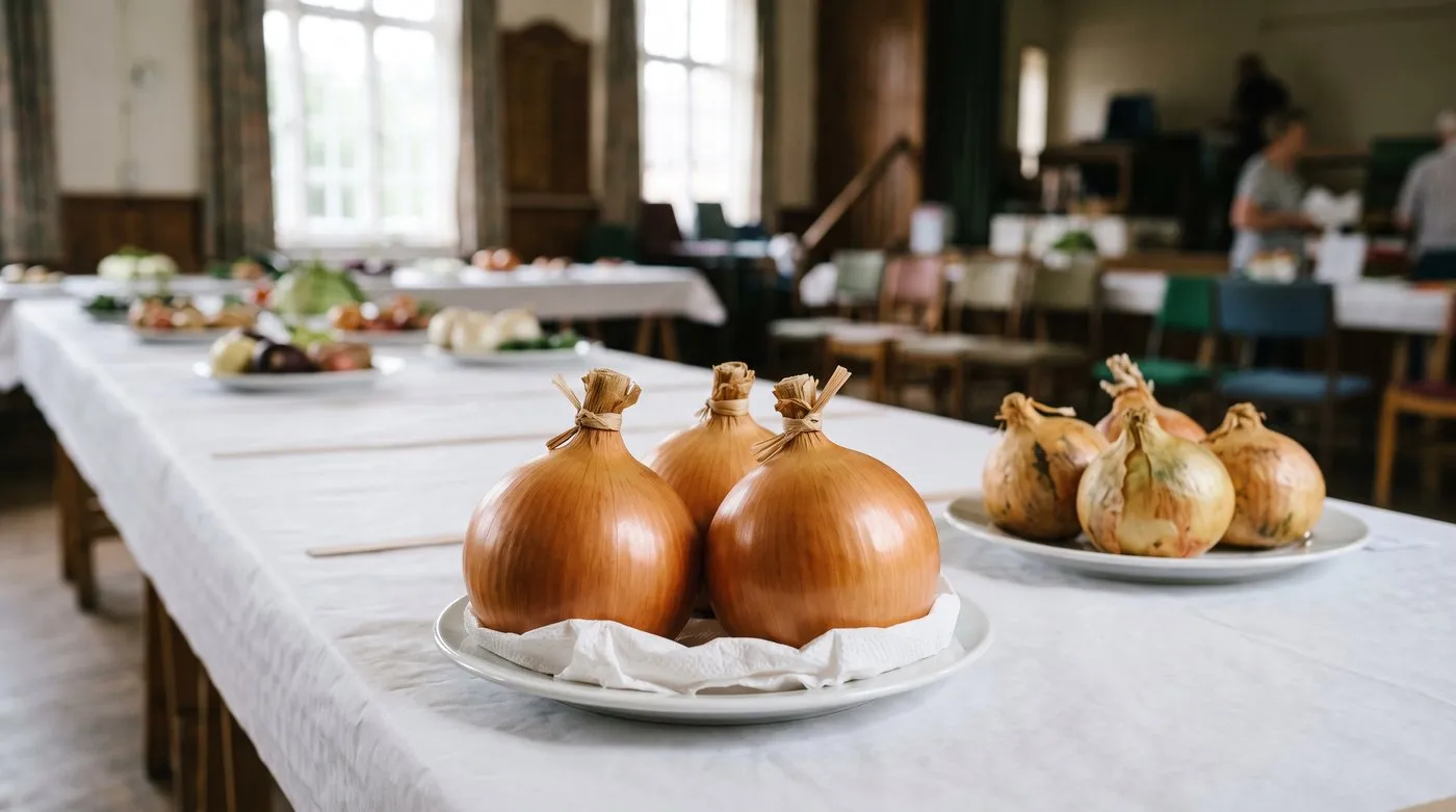 Matched set of three exhibition onions on a white plate at a village veg show