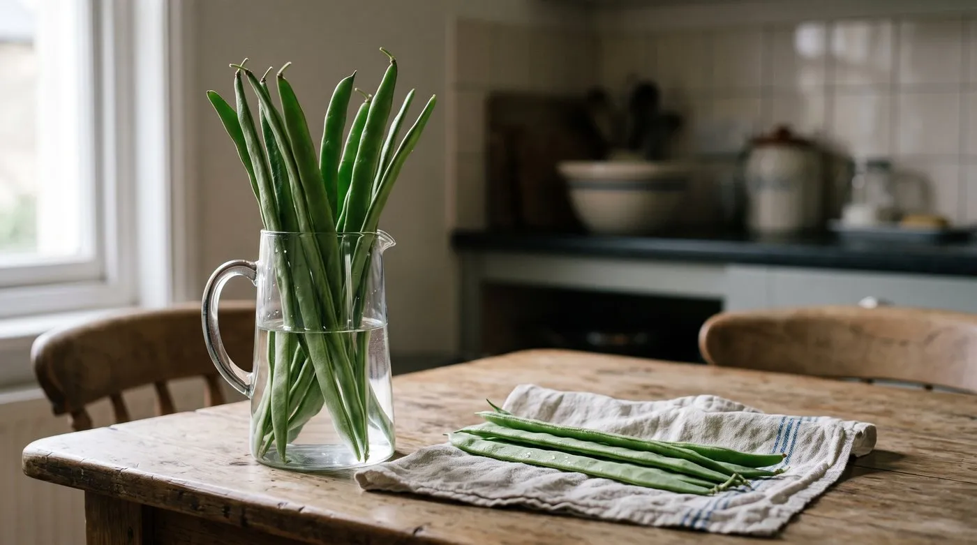 Long, straight show runner beans standing upright in a jug of cold water on show morning
