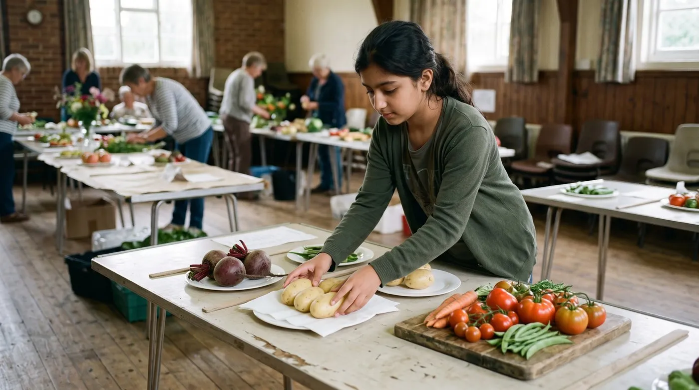 Girl staging matched potatoes on a white plate beside beetroot at a village veg show