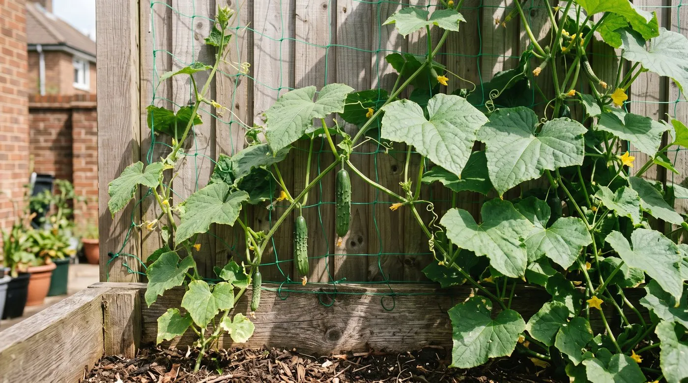 Outdoor ridge cucumbers climbing netting on a sunny fence, with fruit hanging clear of the soil