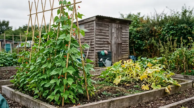 Runner beans climbing a bamboo wigwam beside an unsupported squash flopping across an allotment bed