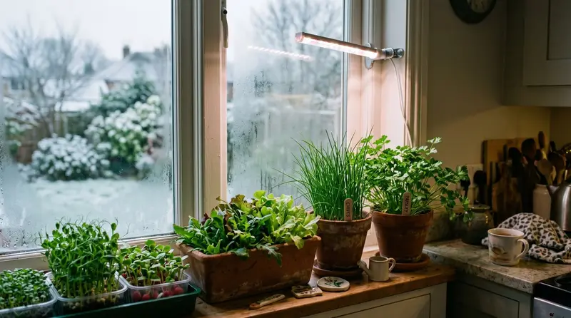 Winter vegetables growing indoors on a UK kitchen windowsill with microgreens, salad leaves and herbs in pots