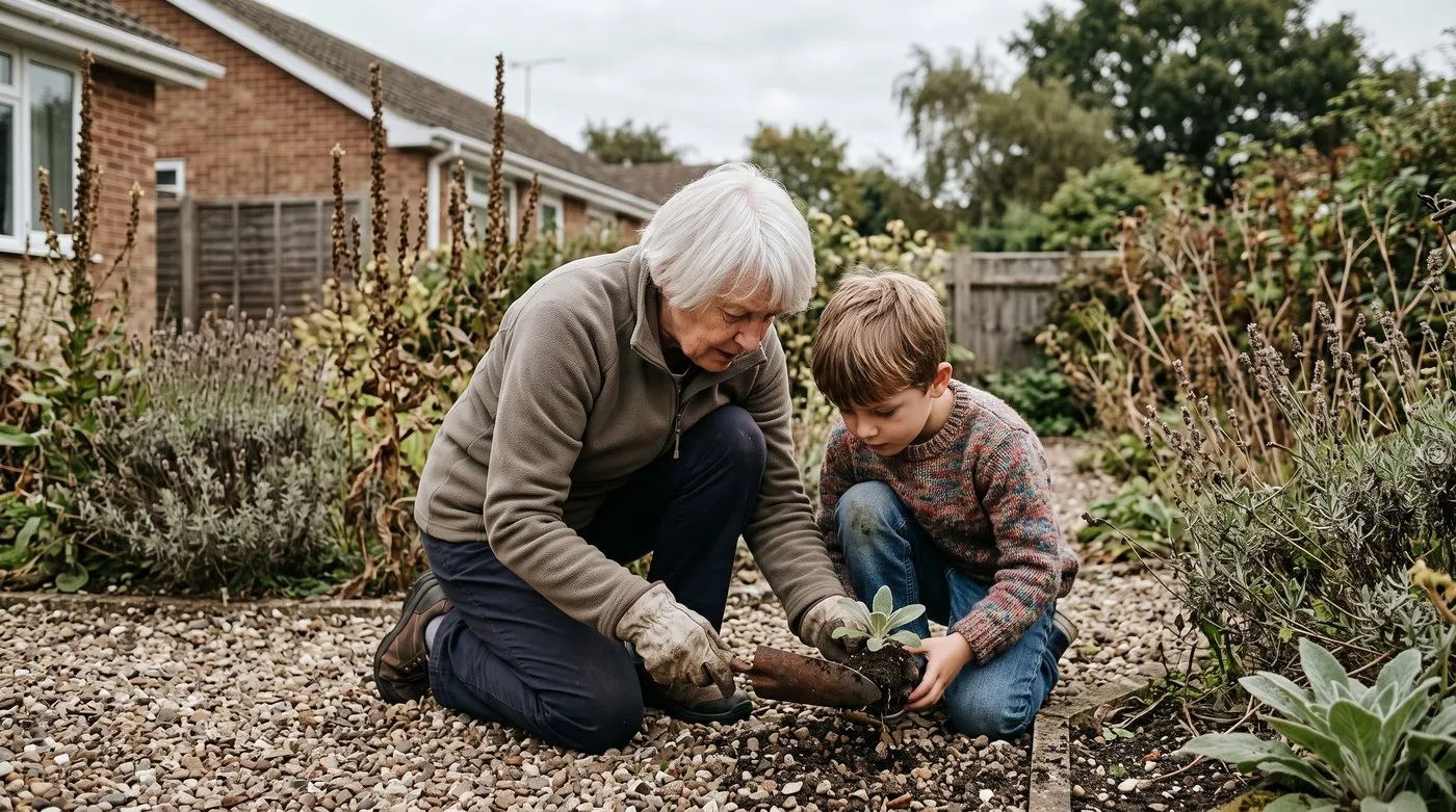 Grandmother and grandson lifting a small self-sown verbascum seedling from gravel