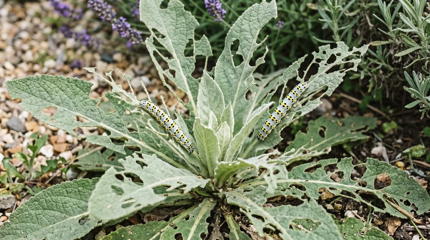 Verbascum leaves stripped by spotted mullein moth caterpillars, with new growth in the centre