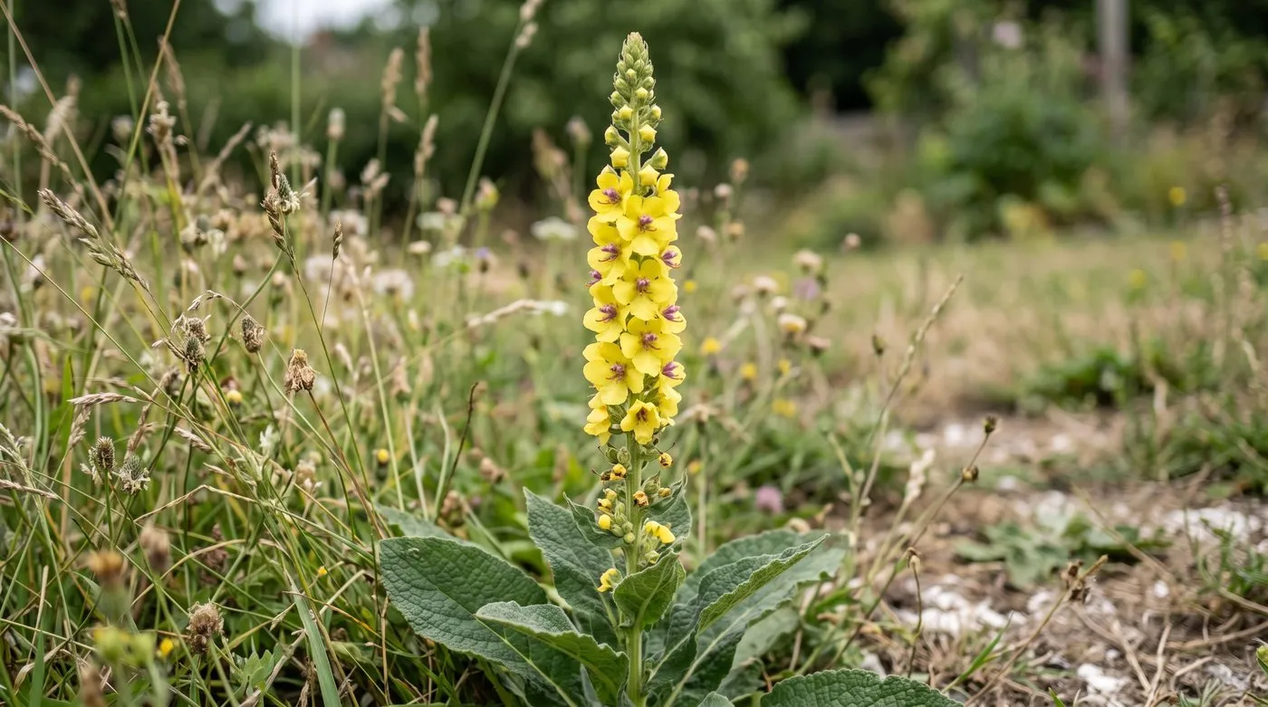 Dark mullein spike with small yellow flowers and fuzzy purple centres
