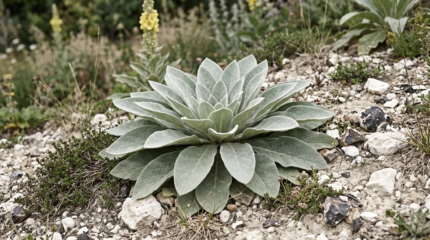 Silver-grey verbascum rosette growing in thin, stony chalk soil on a sunny bank