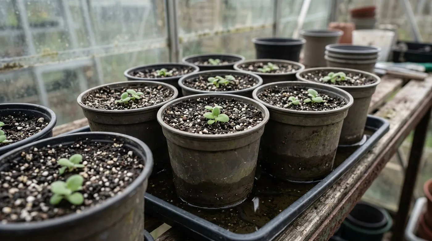 Pots of verbascum seedlings standing in a tray of water to soak up moisture from below