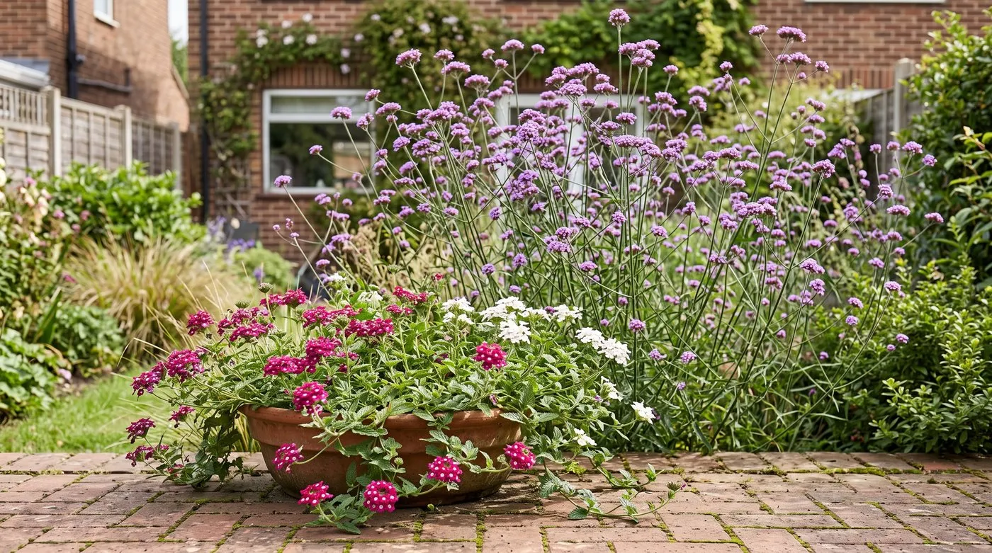 Tall Verbena bonariensis in a border behind a pot of trailing pink and white verbena