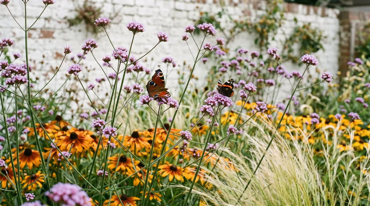 Peacock and red admiral butterflies feeding on Verbena bonariensis in a late-summer border