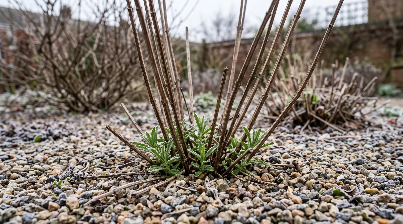 Verbena bonariensis crown with grit mulch and old stems standing as new shoots appear