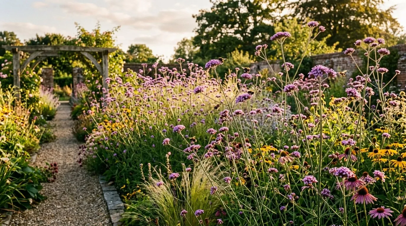 Verbena bonariensis self-seeded among summer perennials along a gravel path in a UK garden