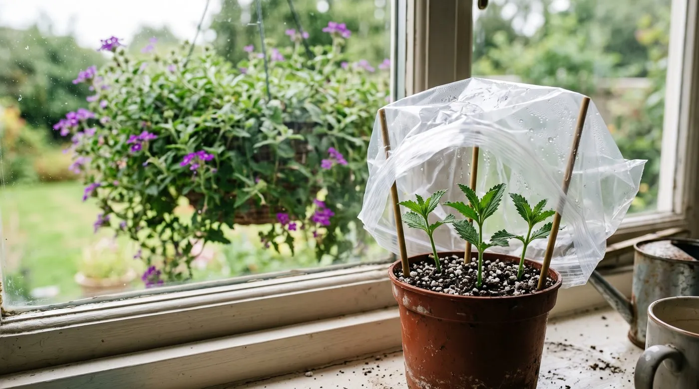 Trailing verbena cuttings in gritty compost under a clear plastic bag on a windowsill