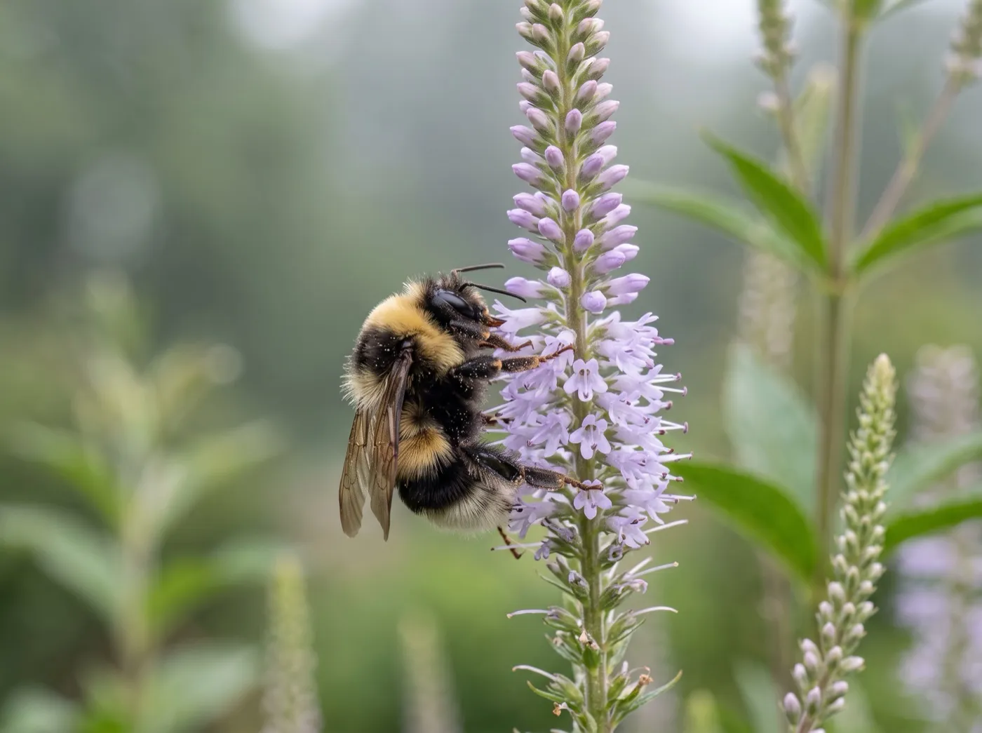 Bumblebee feeding on a pale lavender veronicastrum flower spike in soft light, Scottish garden