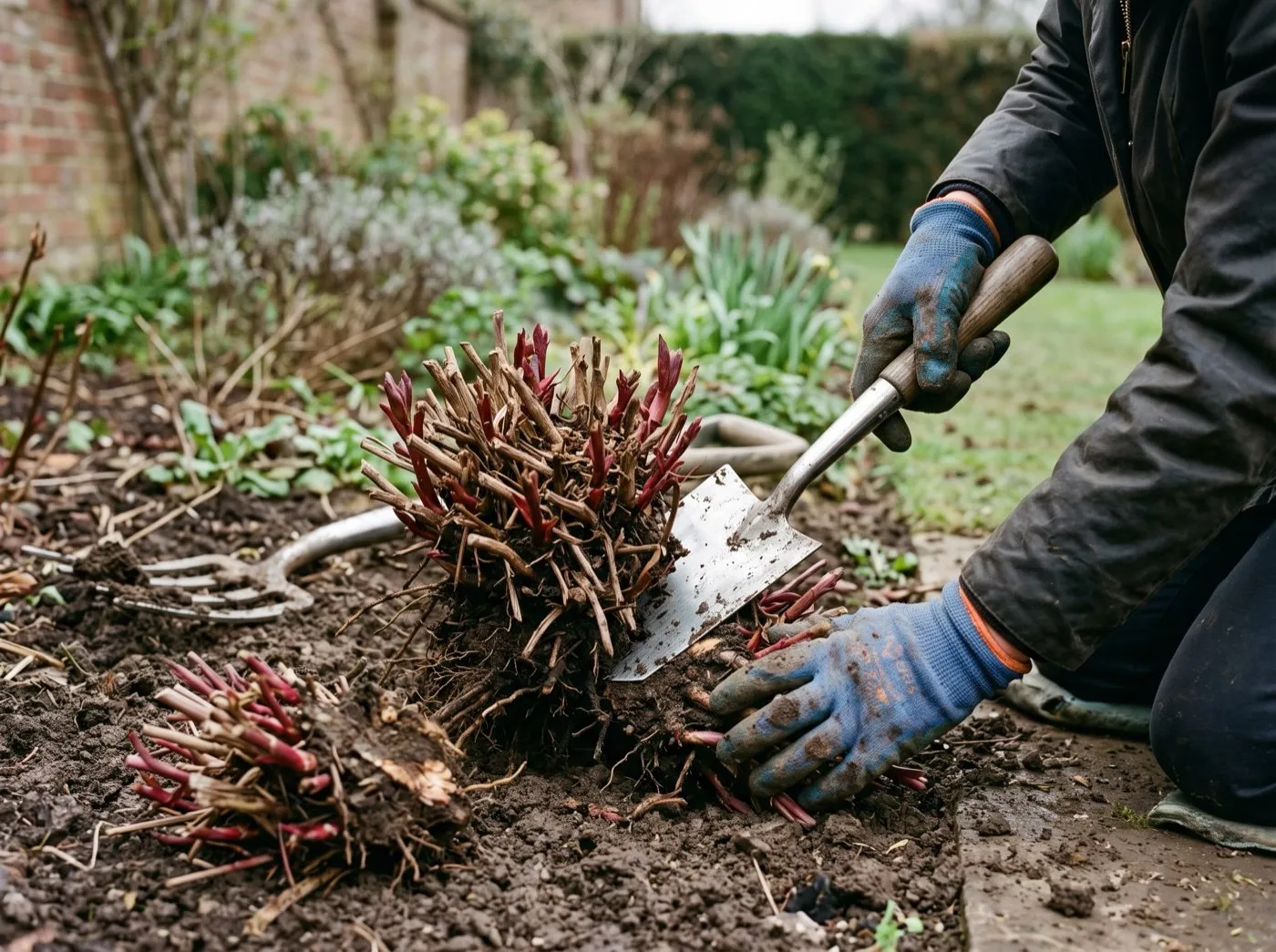 Hands dividing a lifted veronicastrum clump with a spade in early spring, buds visible on the crown
