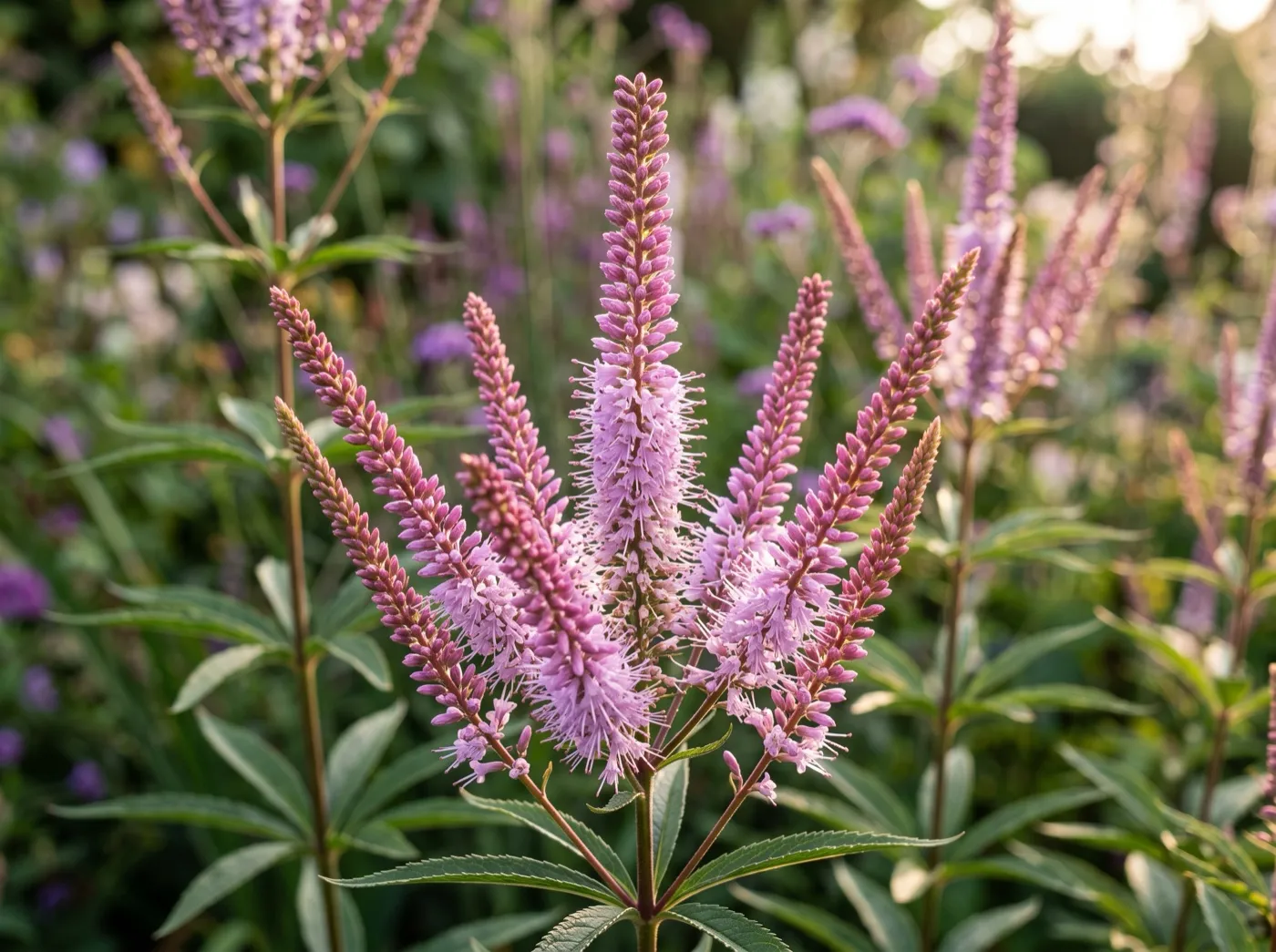 Close-up of lilac veronicastrum Fascination flower spikes with tiered whorled leaves below