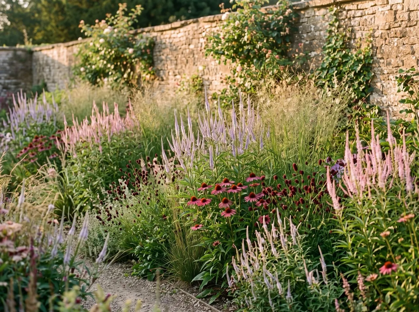 Drifts of pink and lavender veronicastrum among Molinia grasses in a walled garden prairie planting