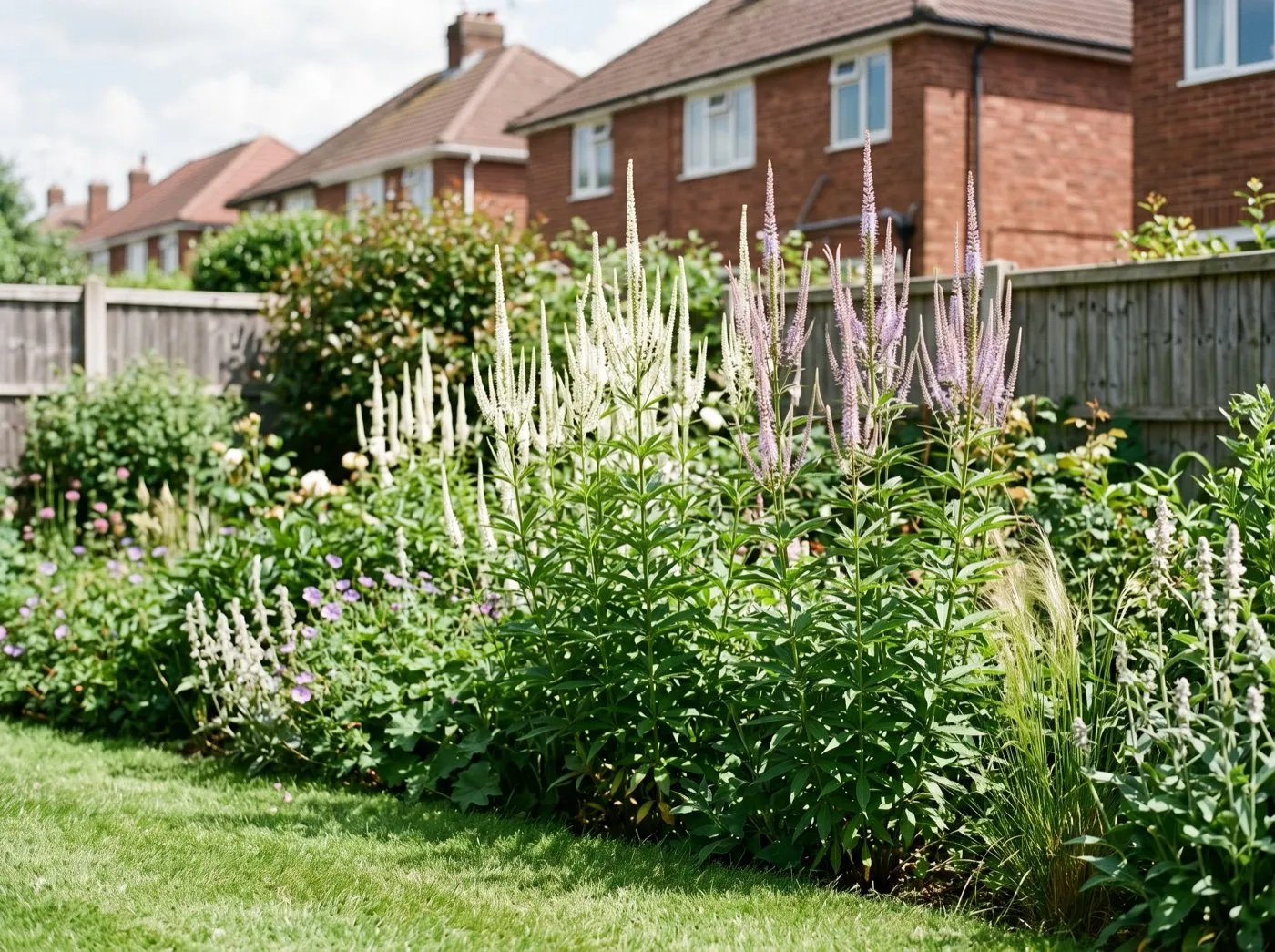 Veronicastrum Album and Lavendelturm standing upright in a sunny suburban UK back garden border