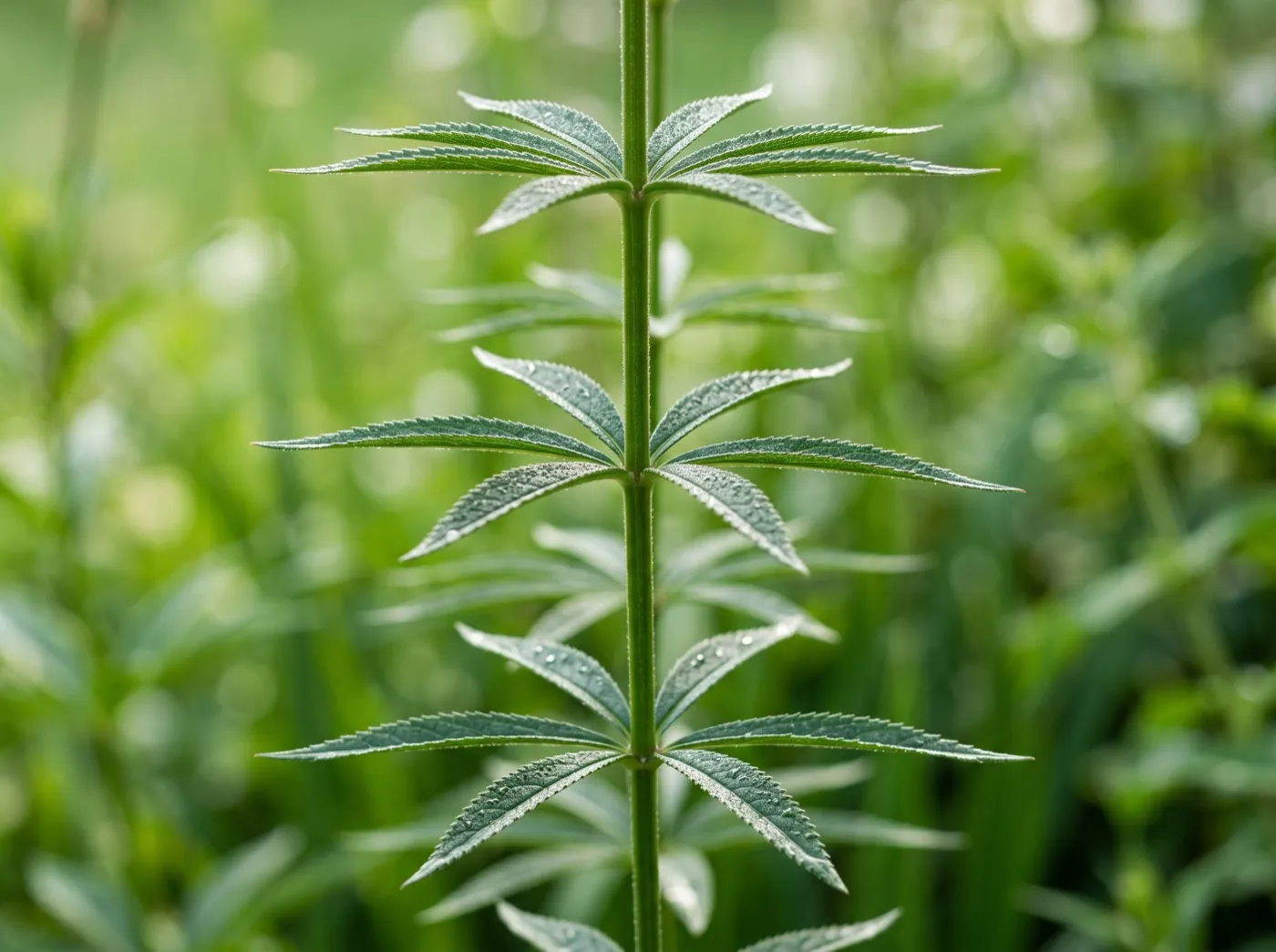 Detail of veronicastrum whorled leaves arranged in tiers around an upright green stem