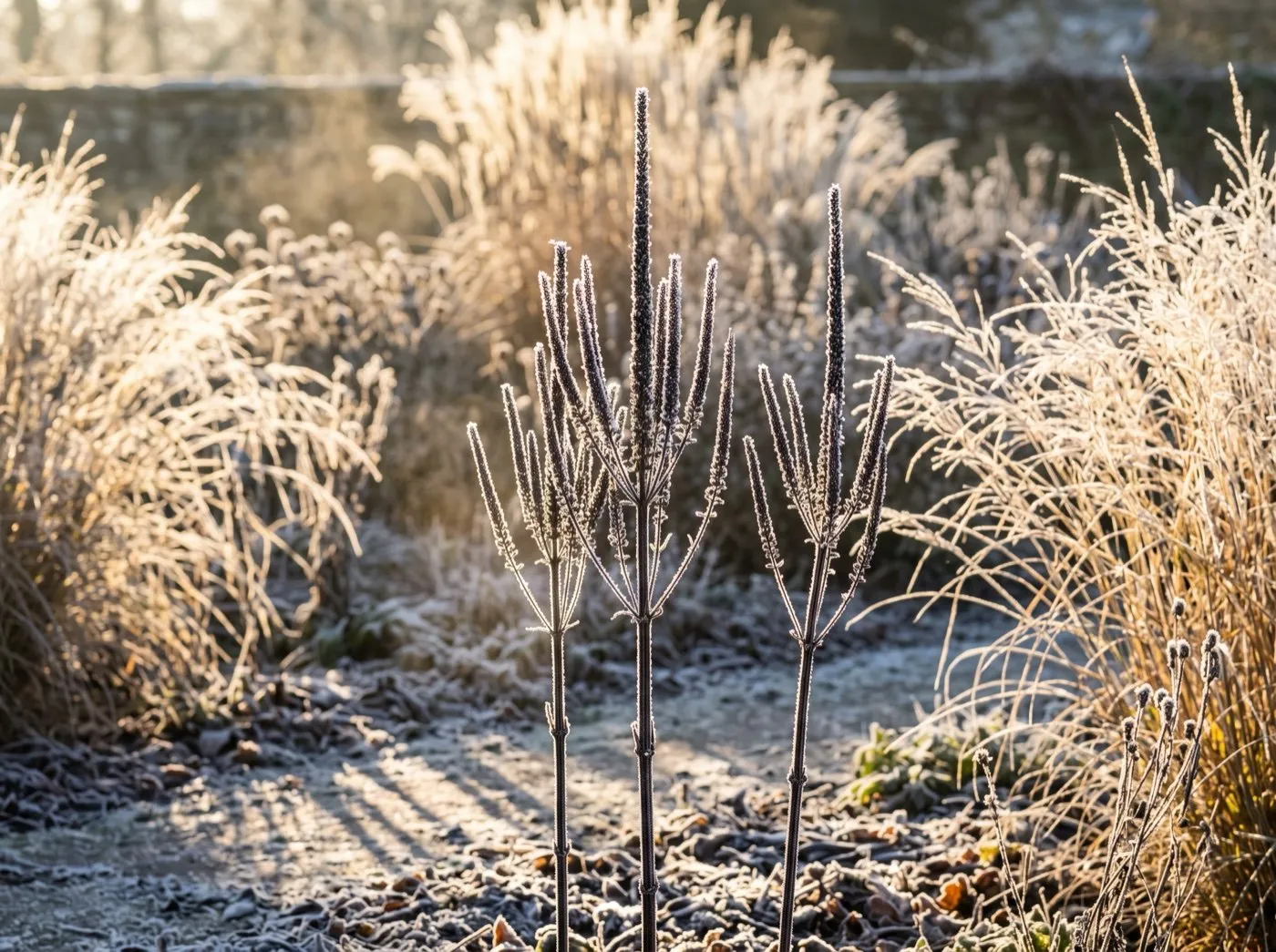 Frosted near-black veronicastrum seedheads standing upright against low winter sun in a UK garden