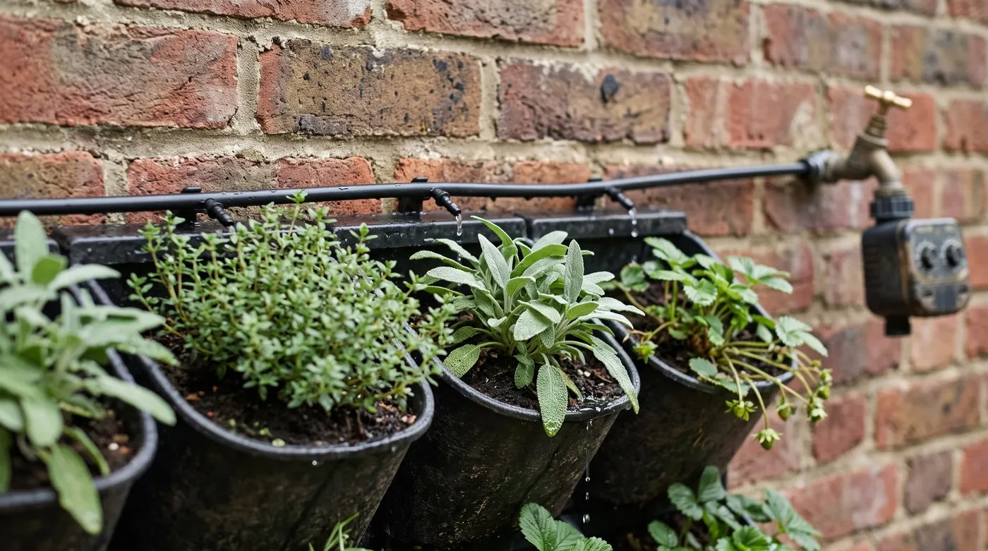 Drip irrigation line watering the top row of a vertical garden of herbs and strawberries