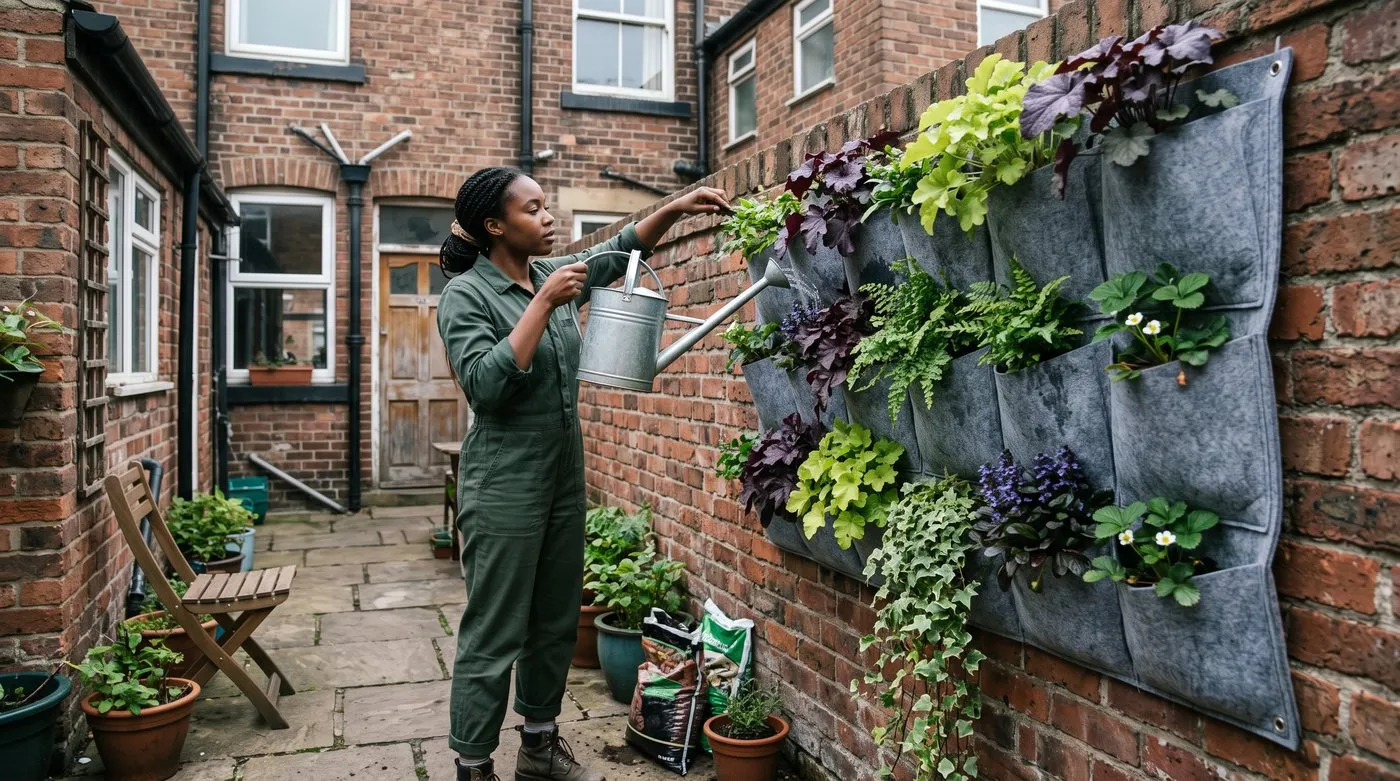 Woman watering a felt pocket living wall of heuchera, ferns and strawberries in a courtyard