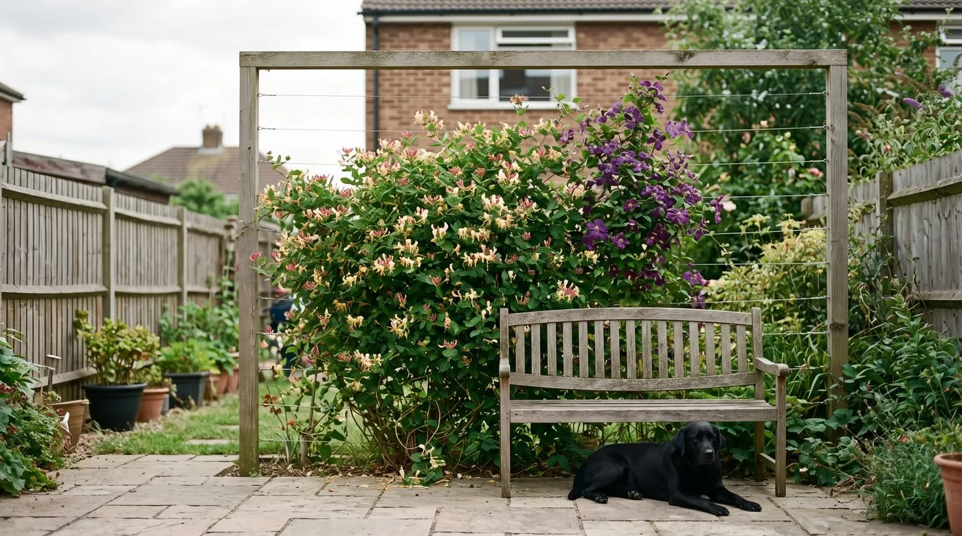 Freestanding green screen of honeysuckle and clematis beside a patio with a dog lying in the shade
