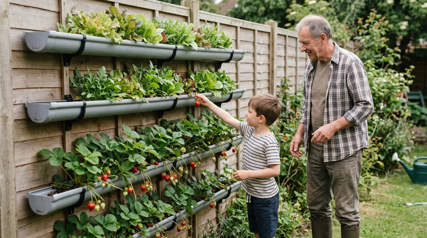 Boy picking a strawberry from a gutter garden of salads and strawberries on a sunny fence