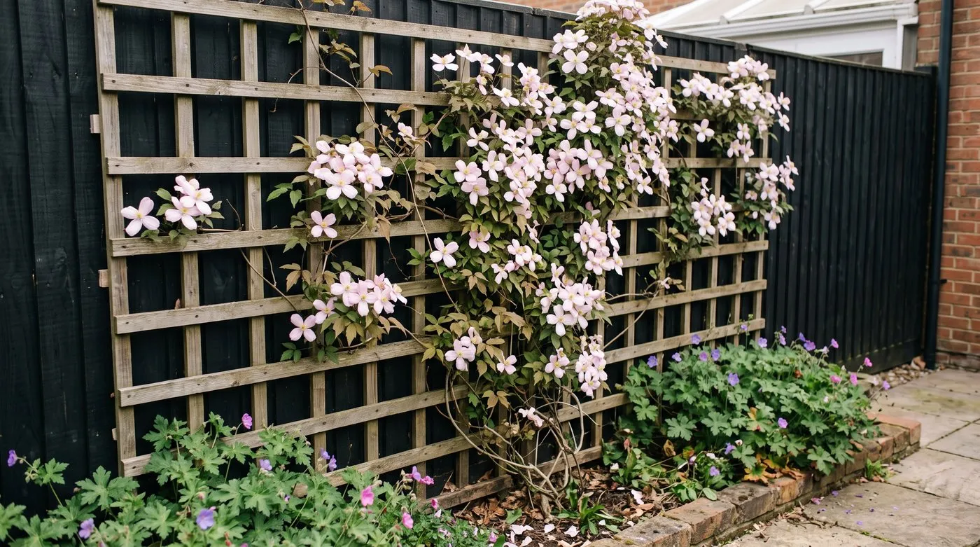 Clematis montana covering a trellis panel fixed on spacers to a garden fence in May