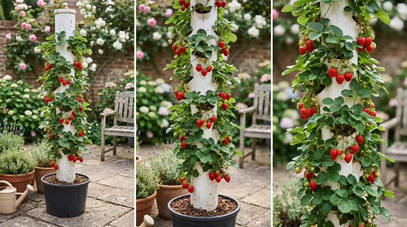 Vertical strawberry tower dripping with ripe red strawberries on a sunny UK patio