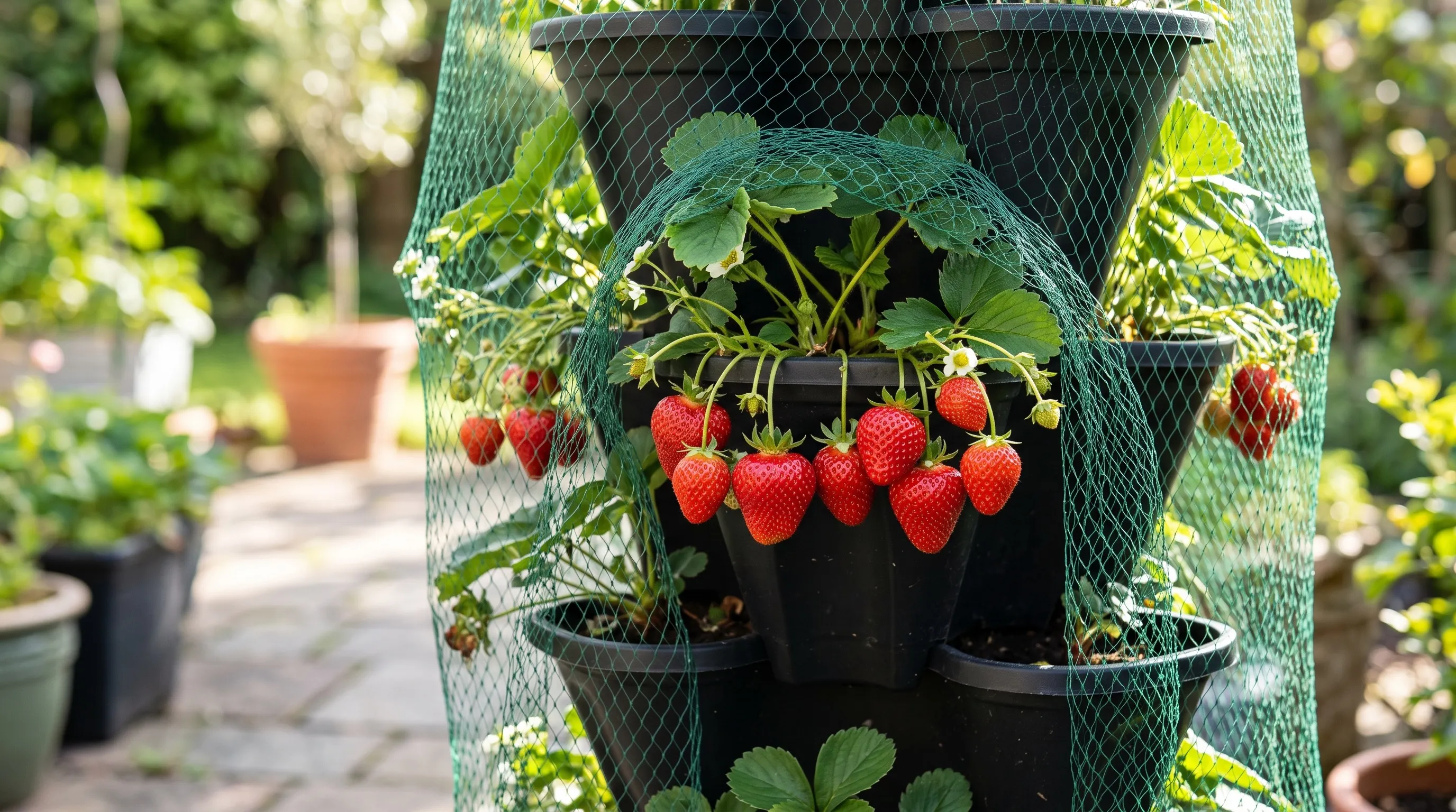 Ripe red strawberries on a vertical tower protected by fine green garden netting