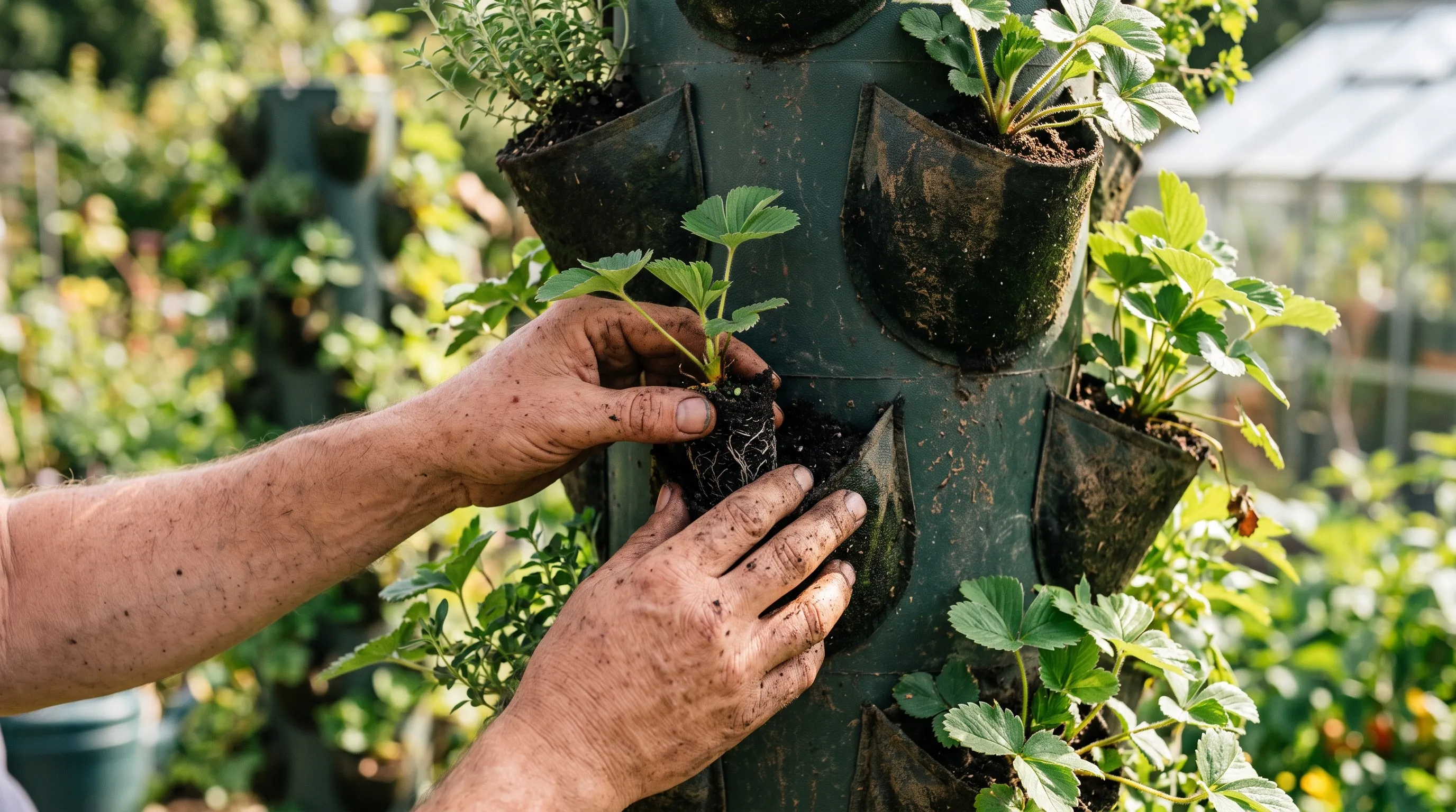 Hands pressing a strawberry plug plant into a side planting pocket of a vertical tower