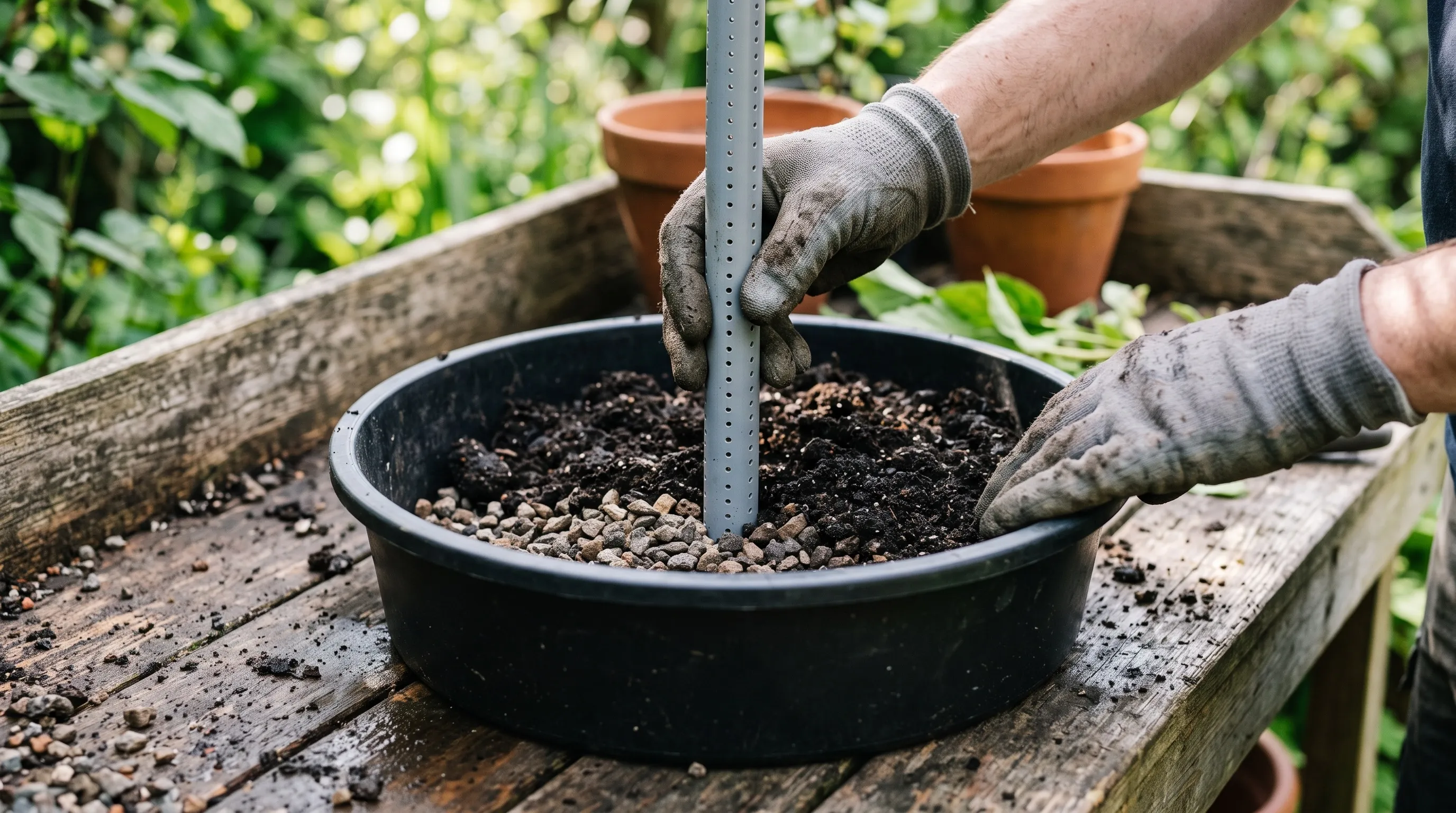 Hands inserting a thin perforated watering core pipe down the centre of a drainpipe planter