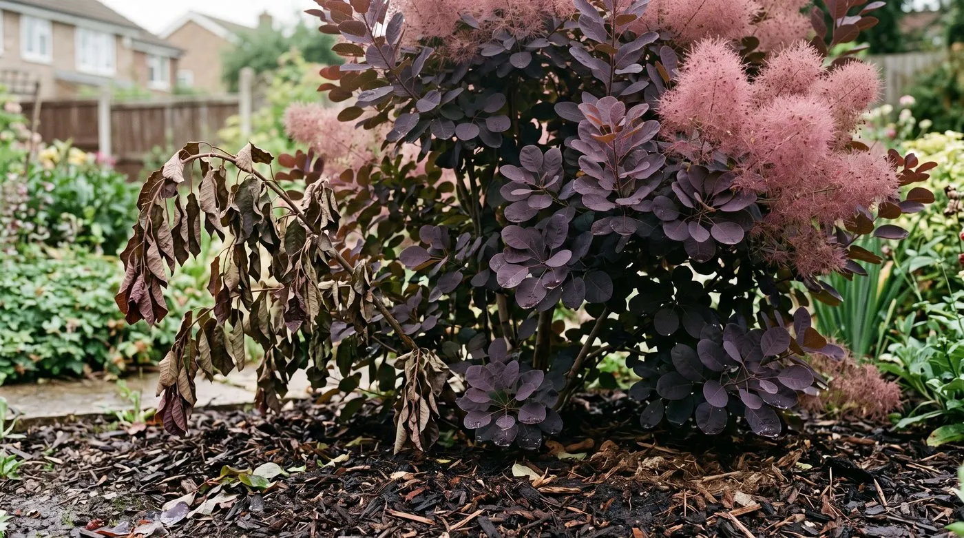 Purple smoke bush with one wilting branch of brown, drooping leaves while the rest stays healthy