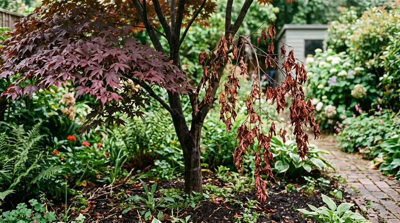 Japanese maple with one side of the canopy wilted and brown while the remaining foliage stays healthy