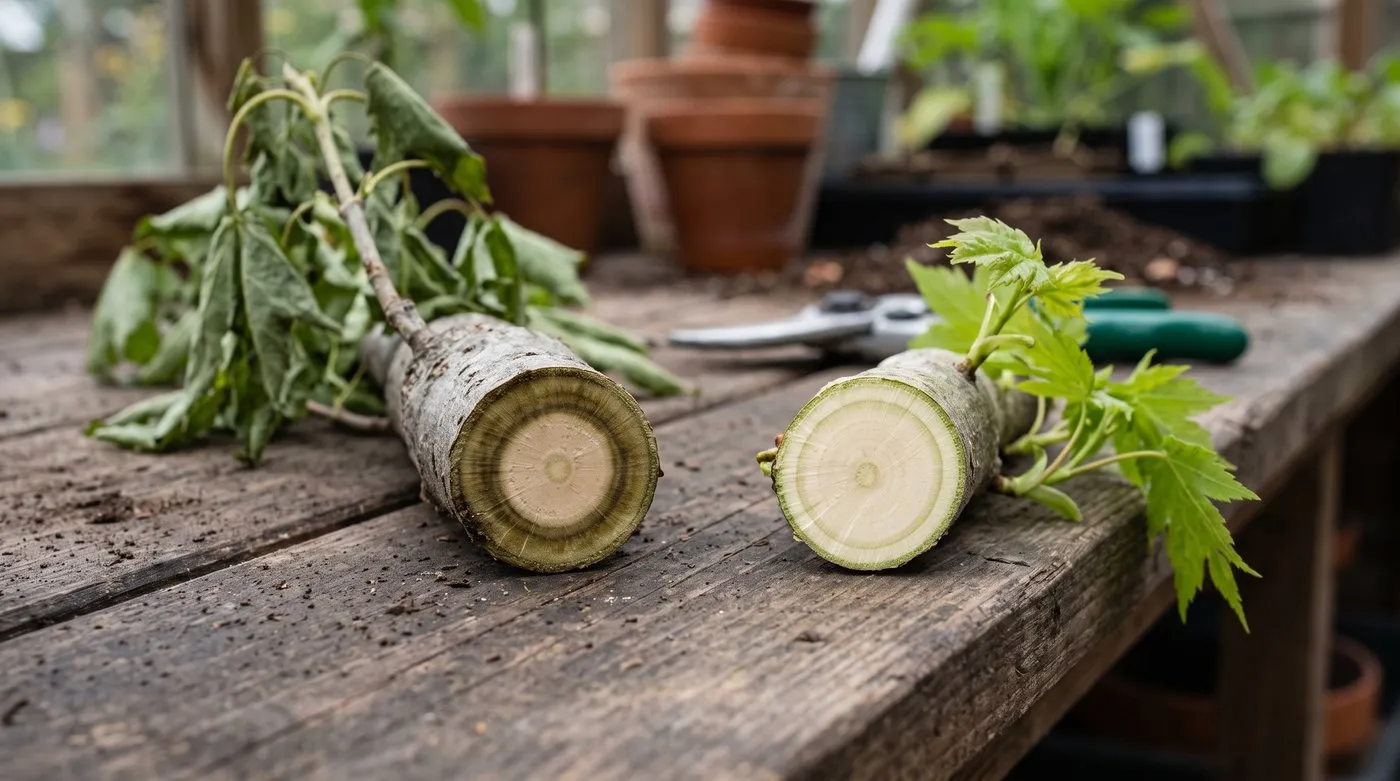 Cut branch cross-sections comparing a brown vascular ring in wilted wood with pale healthy wood
